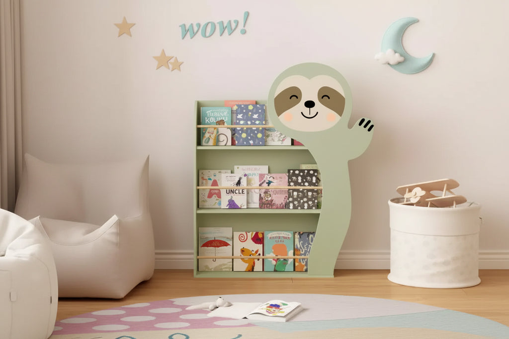 Sloth Kids Bookshelf, Front-Facing Toddler Book Display Rack with 3 Tiers, Cute Animal Design, Wooden Nursery Bookshelf for Playroom