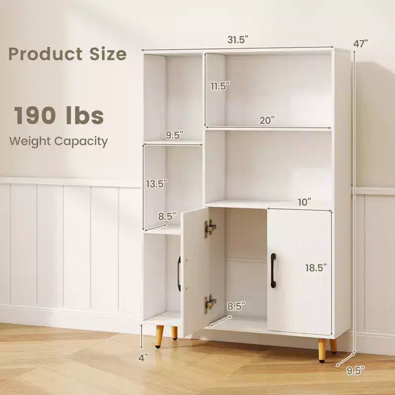 Mobile contenitore indipendente con 5 ripiani aperti, doppia anta e gambe in metallo, capacità 86 kg, nero/bianco