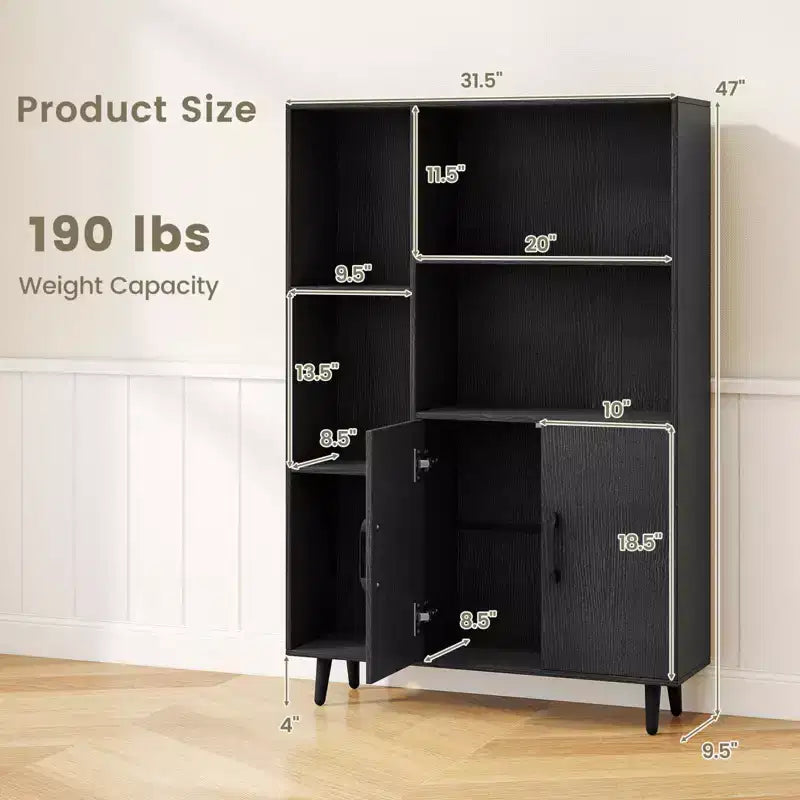 Mobile contenitore indipendente con 5 ripiani aperti, doppia anta e gambe in metallo, capacità 86 kg, nero/bianco
