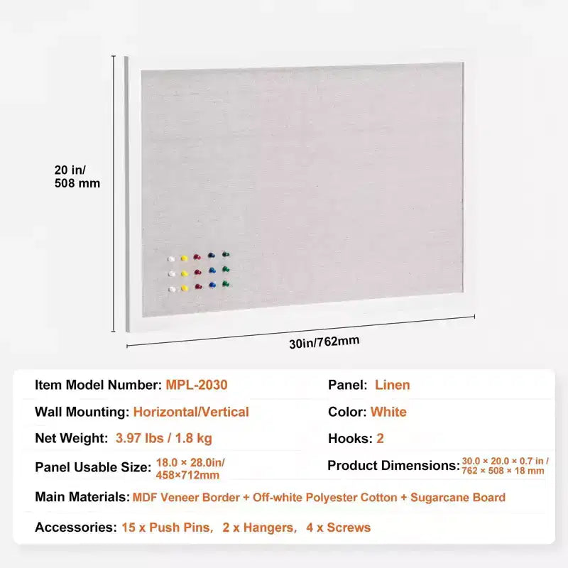 Bacheca in sughero di lino 30 x 20 pollici con cornice in MDF bianco per casa ufficio scuola