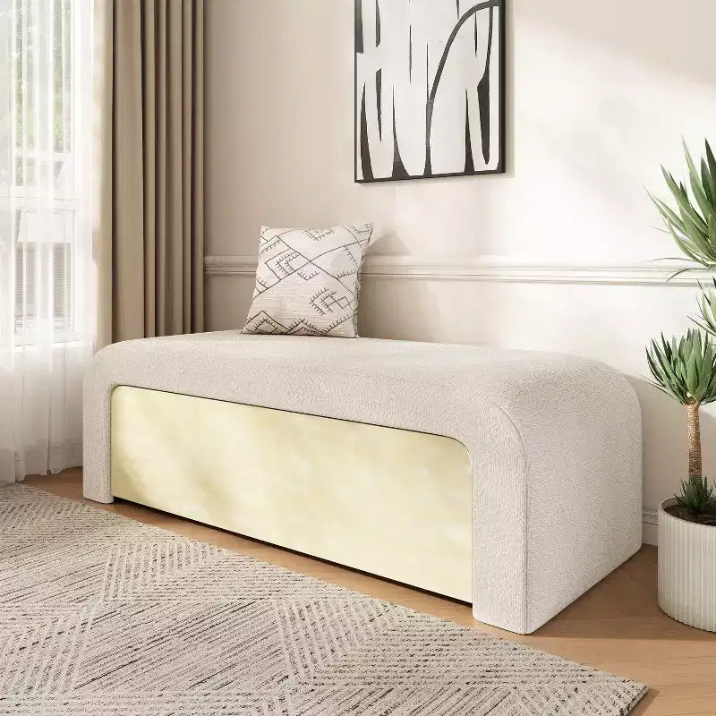 Elegante Panca Pouf Curva in Bouclé con Cassetto Contenitore in Legno Massello, Capacità 136 kg, Marrone Chiaro/Bianco