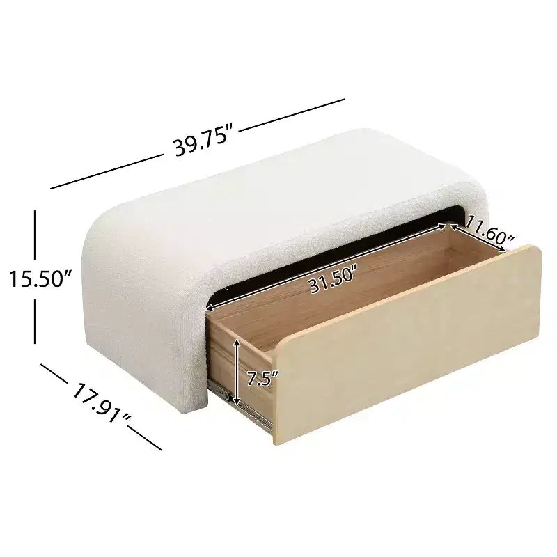 Elegante Panca Pouf Curva in Bouclé con Cassetto Contenitore in Legno Massello, Capacità 136 kg, Marrone Chiaro/Bianco