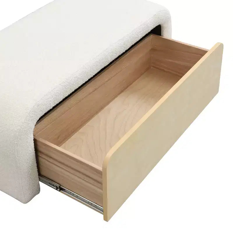 Elegante Panca Pouf Curva in Bouclé con Cassetto Contenitore in Legno Massello, Capacità 136 kg, Marrone Chiaro/Bianco