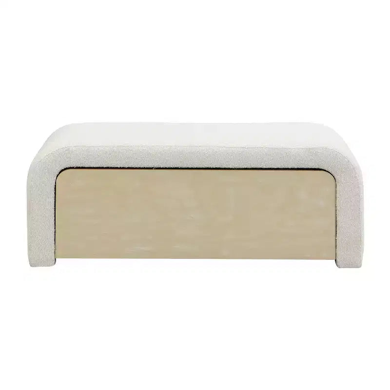 Elegante Panca Pouf Curva in Bouclé con Cassetto Contenitore in Legno Massello, Capacità 136 kg, Marrone Chiaro/Bianco