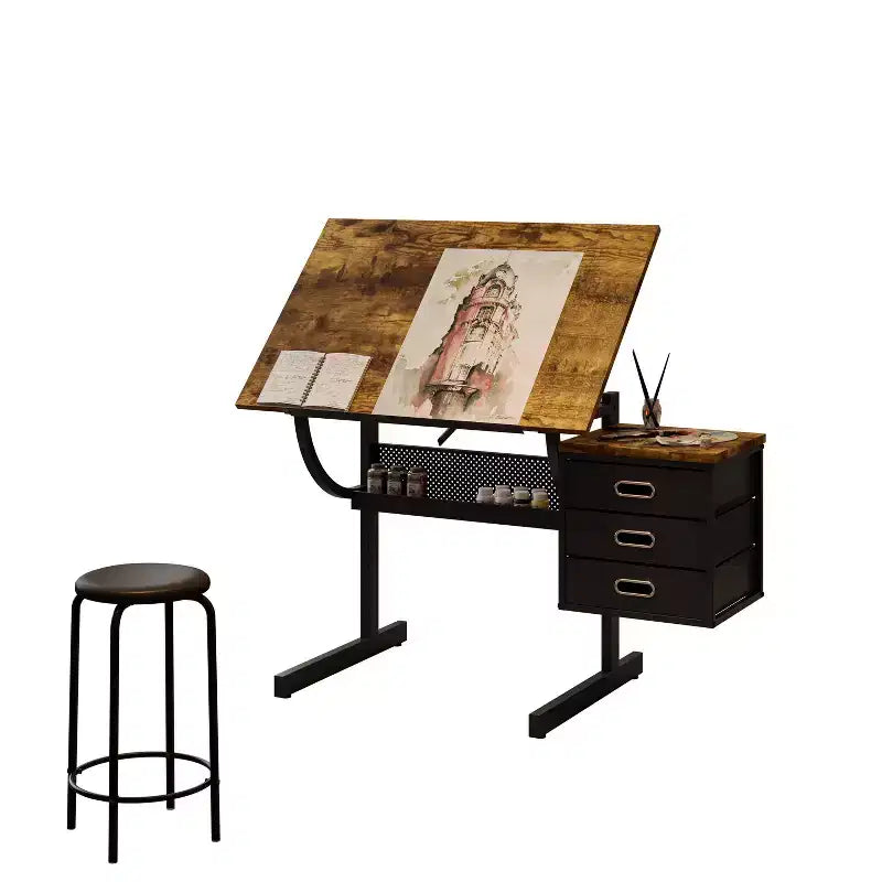 Tavolo da Disegno Regolabile in Altezza con Sgabello e 3 Cassetti per il Disegno, il Lavoro Artigianale e la Scrittura, Nero
