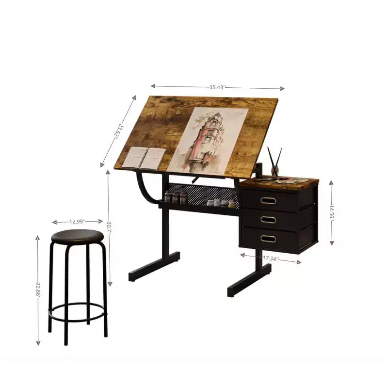 Tavolo da Disegno Regolabile in Altezza con Sgabello e 3 Cassetti per il Disegno, il Lavoro Artigianale e la Scrittura, Nero