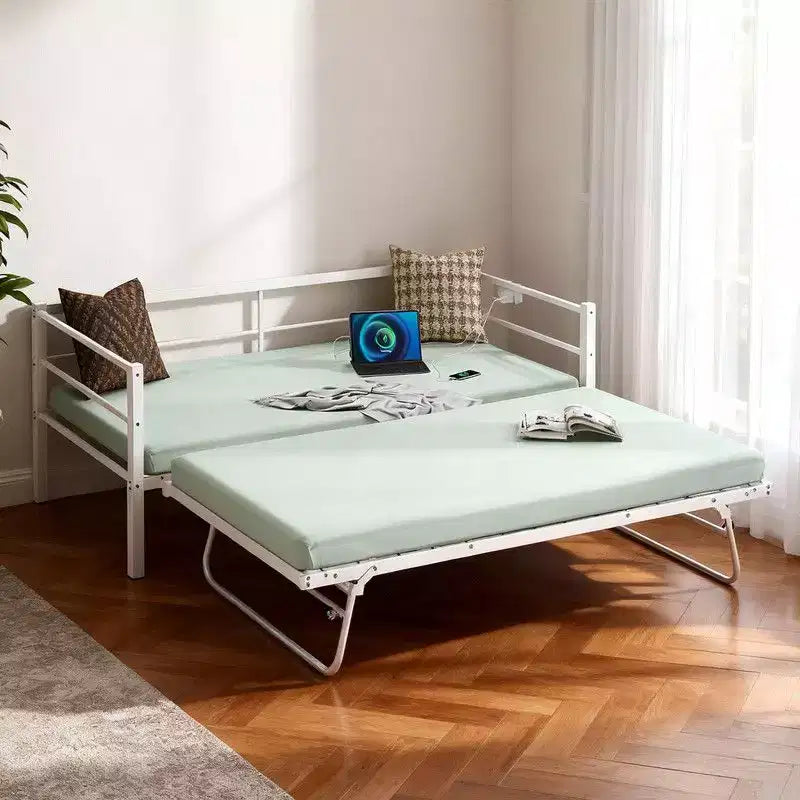 Letto a giorno in metallo singolo con letto estraibile a scomparsa, luci LED RGB e ricarica USB integrata, bianco