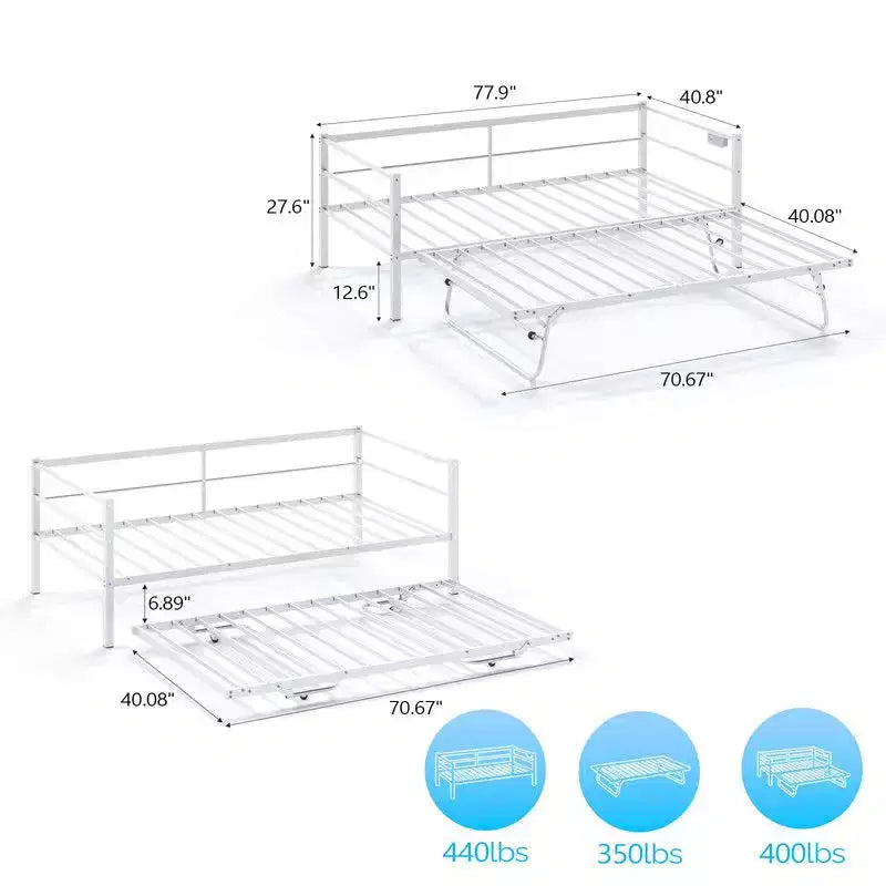 Letto a giorno in metallo singolo con letto estraibile a scomparsa, luci LED RGB e ricarica USB integrata, bianco