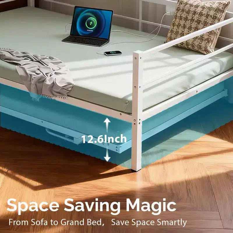 Letto a giorno in metallo singolo con letto estraibile a scomparsa, luci LED RGB e ricarica USB integrata, bianco