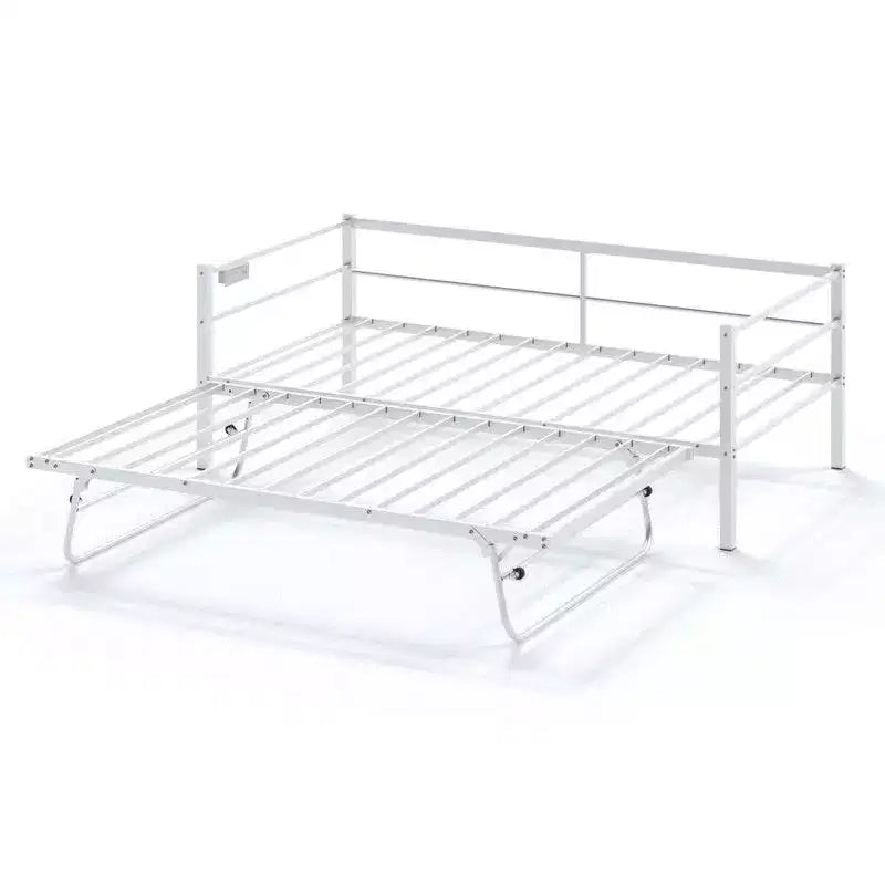 Letto a giorno in metallo singolo con letto estraibile a scomparsa, luci LED RGB e ricarica USB integrata, bianco