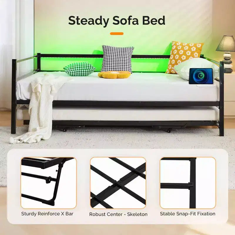 Letto a giorno in metallo singolo con letto estraibile a scomparsa, luci LED RGB e ricarica USB integrata, bianco