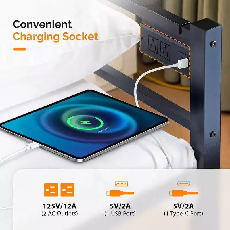 Letto a giorno in metallo singolo con letto estraibile a scomparsa, luci LED RGB e ricarica USB integrata, bianco