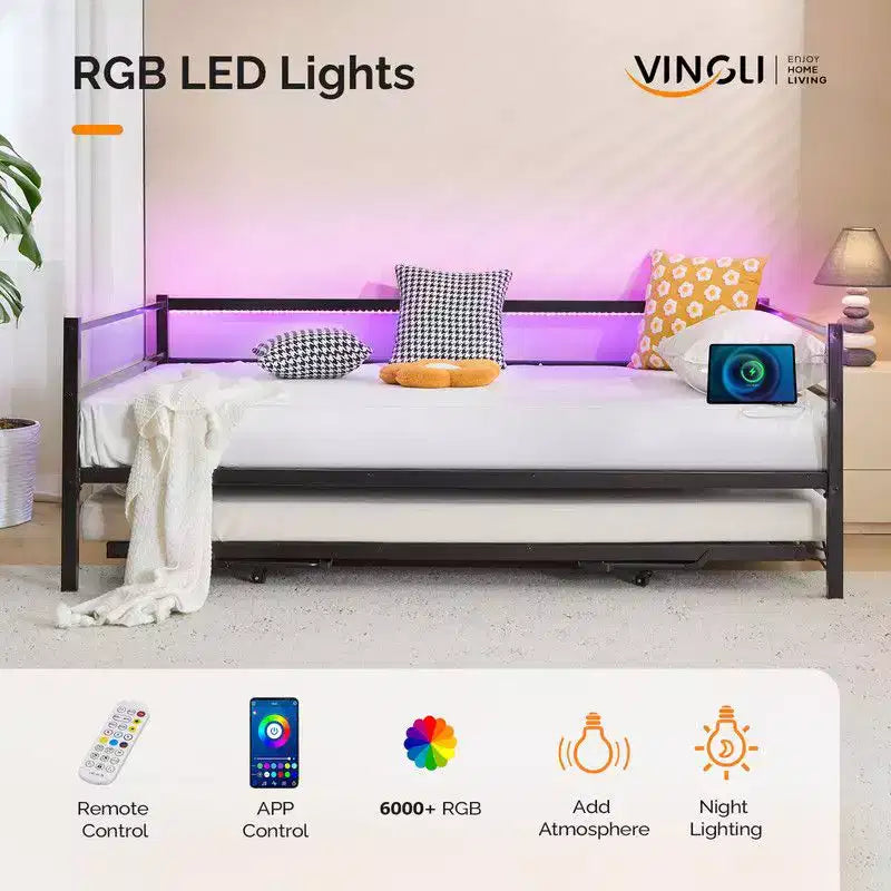 Letto a giorno in metallo singolo con letto estraibile a scomparsa, luci LED RGB e ricarica USB integrata, bianco