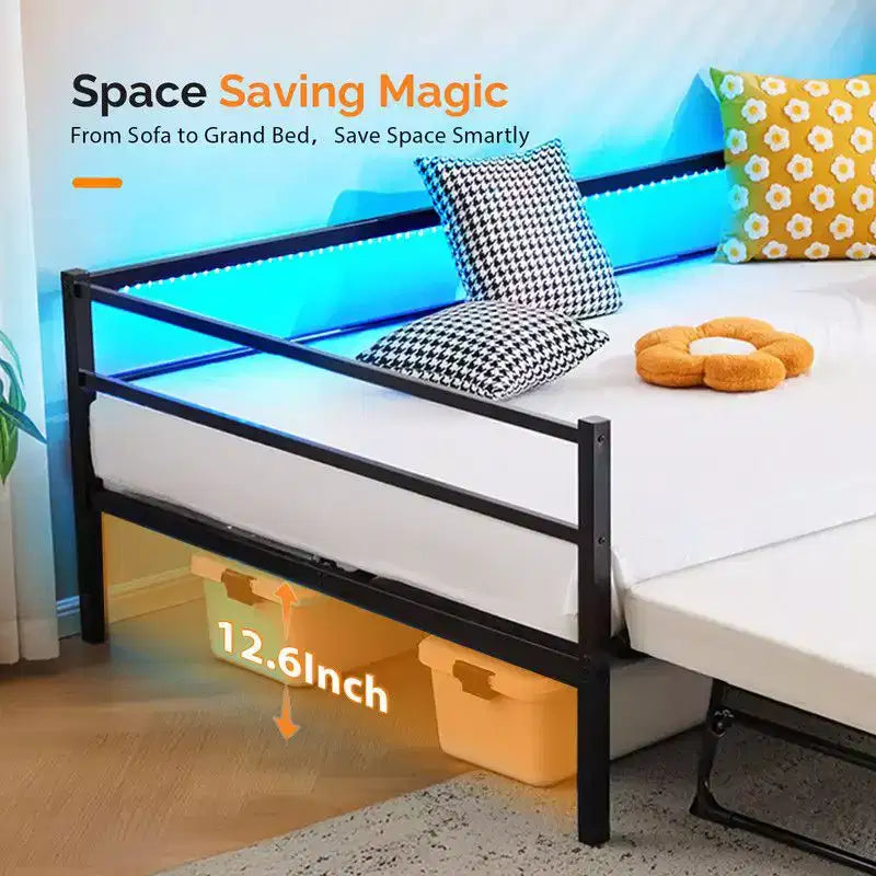 Letto a giorno in metallo singolo con letto estraibile a scomparsa, luci LED RGB e ricarica USB integrata, bianco