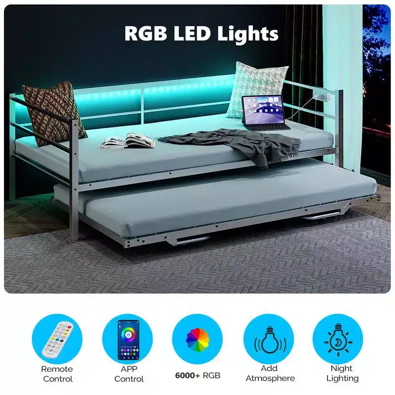 Letto a giorno in metallo singolo con letto estraibile a scomparsa, luci LED RGB e ricarica USB integrata, bianco