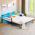 Letto a giorno in metallo singolo con letto estraibile a scomparsa, luci LED RGB e ricarica USB integrata, bianco