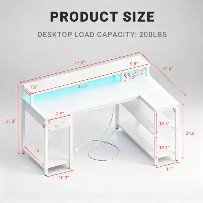 Scrivania da gaming a L con luci LED RGB, presa di corrente integrata, stazione di ricarica USB e supporto per monitor