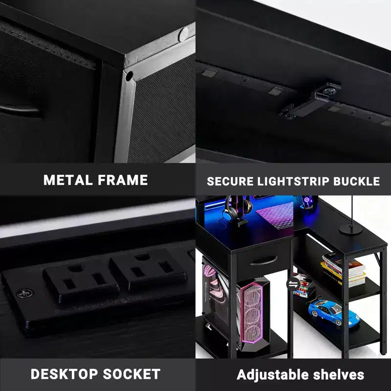 Scrivania da gaming a L con luci LED RGB, presa di corrente integrata, stazione di ricarica USB e supporto per monitor
