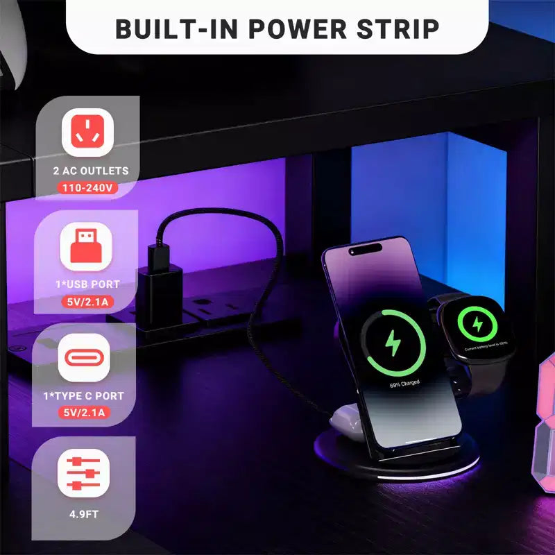 Scrivania da gaming a L con luci LED RGB, presa di corrente integrata, stazione di ricarica USB e supporto per monitor