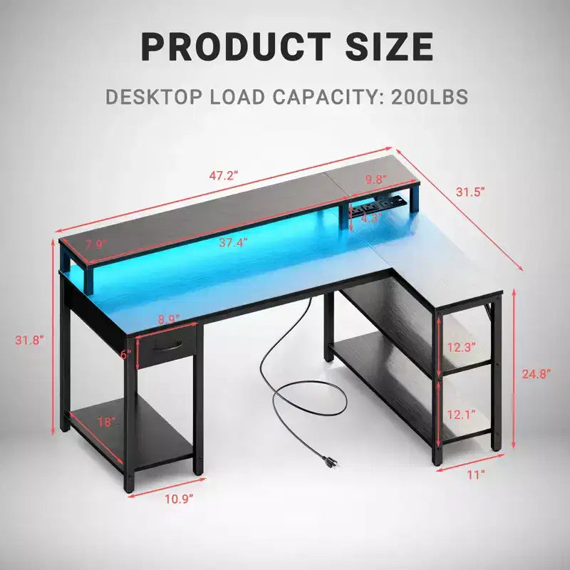 Scrivania da gaming a L con luci LED RGB, presa di corrente integrata, stazione di ricarica USB e supporto per monitor
