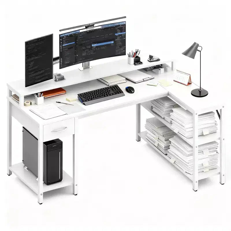 Scrivania da gaming a L con luci LED RGB, presa di corrente integrata, stazione di ricarica USB e supporto per monitor