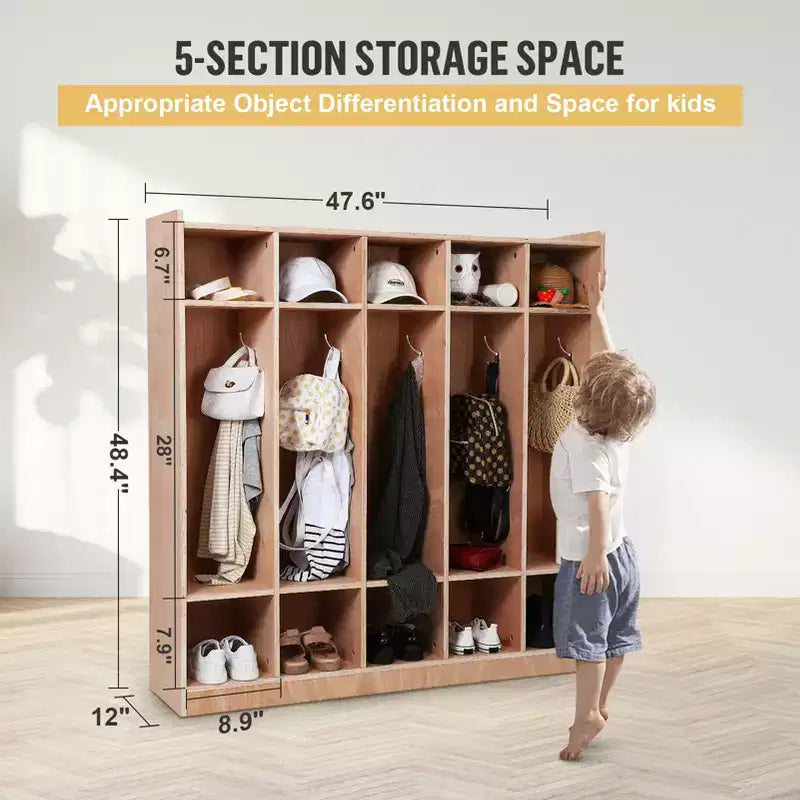 Armadietto portaoggetti a 5 scomparti con 10 cassetti per aula e casa, organizer in legno non rifinito per cappotti e zaini con struttura in metallo per bambini