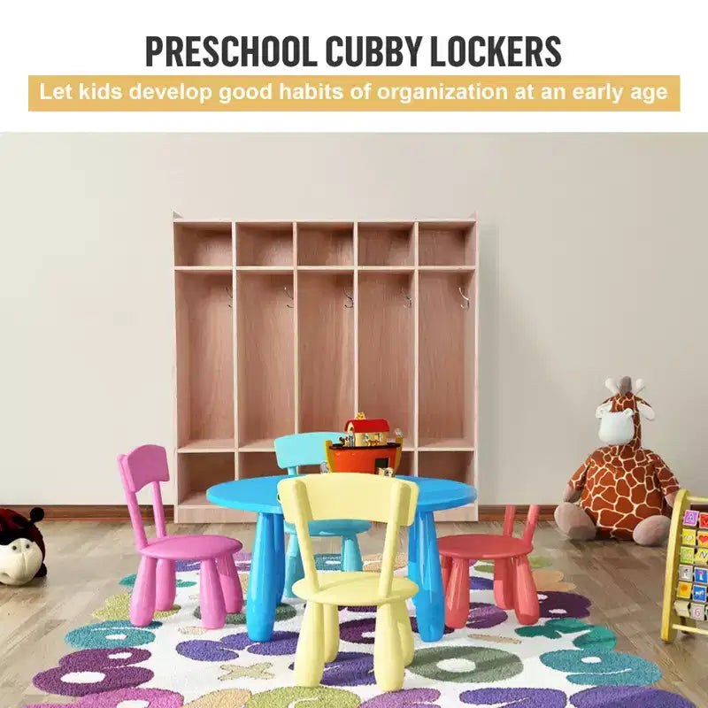 Armadietto portaoggetti a 5 scomparti con 10 cassetti per aula e casa, organizer in legno non rifinito per cappotti e zaini con struttura in metallo per bambini