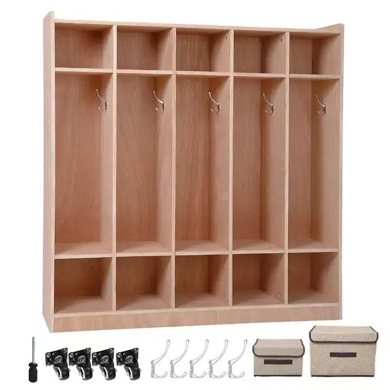 Armadietto portaoggetti a 5 scomparti con 10 cassetti per aula e casa, organizer in legno non rifinito per cappotti e zaini con struttura in metallo per bambini