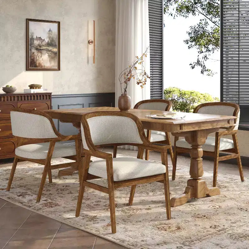 Sedie da pranzo imbottite Mid-Century Modern con braccioli e gambe in legno di gomma, set da 4