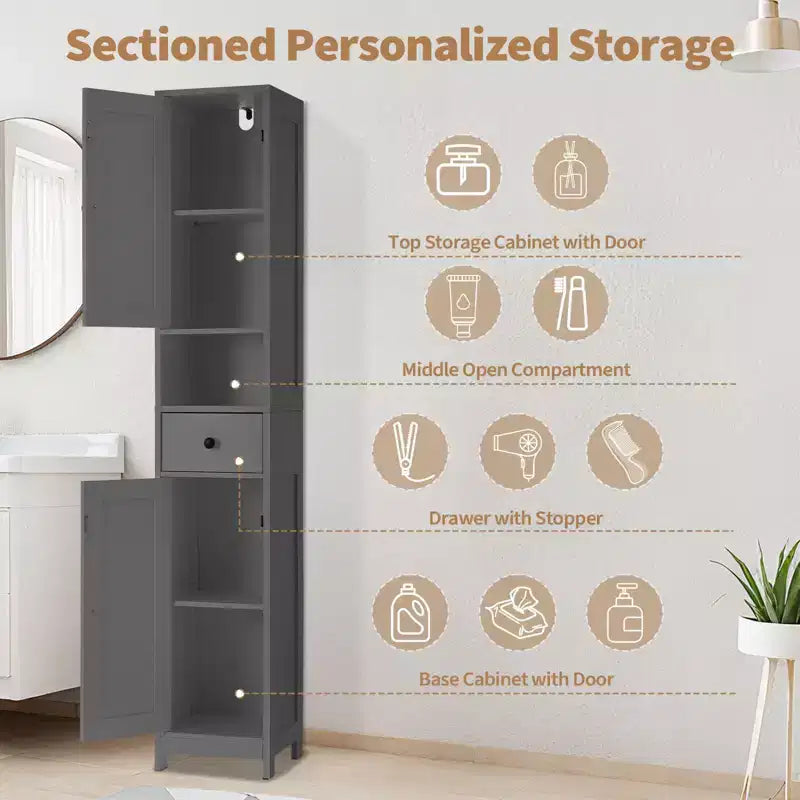 Armadietto da Bagno Alto 66,9", Organizer Stretto Indipendente con Ripiani Regolabili, Design Resistente all'Acqua, per Spazi Piccoli Cucina Ingresso,