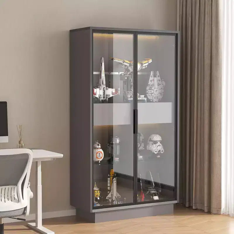 Vetrinetta a Colonna con Ante in Vetro da 154 cm, Libreria con 2 Cassetti Contenitore, Dispensa con Illuminazione a LED e Ripiani Regolabili, per Corridoi e Cucine
