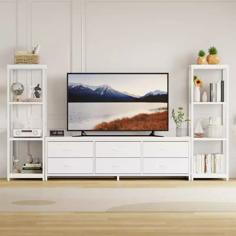 Acekool TV Stand for 75 Inch TV, Modern Entertainment Center with LED Lights, Power Outlets, 6 Drawers & Bookshelves, Black