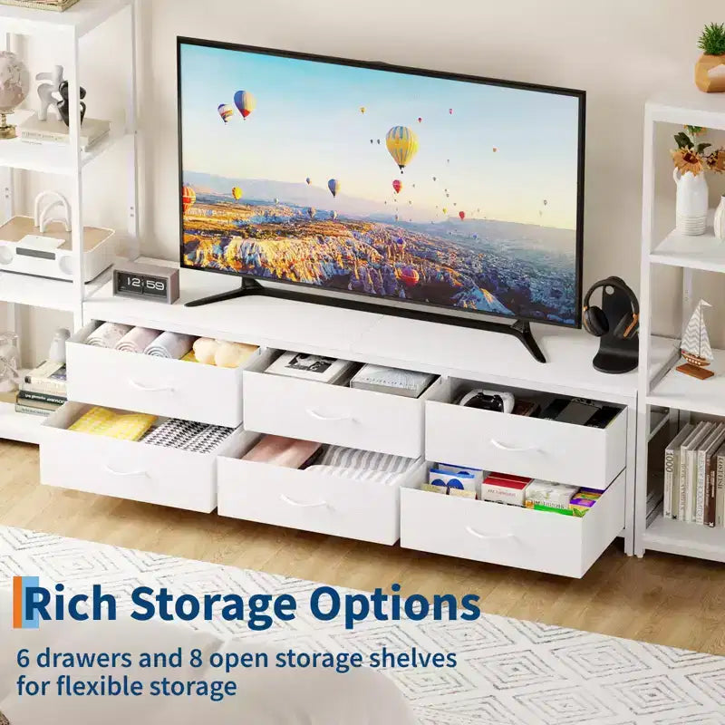 Porta TV moderno da 89" per TV da 75" con luci a LED, prese di corrente integrate, 6 cassetti e librerie modulari, nero