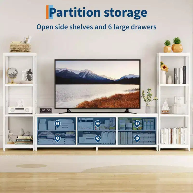 Porta TV moderno da 89" per TV da 75" con luci a LED, prese di corrente integrate, 6 cassetti e librerie modulari, nero