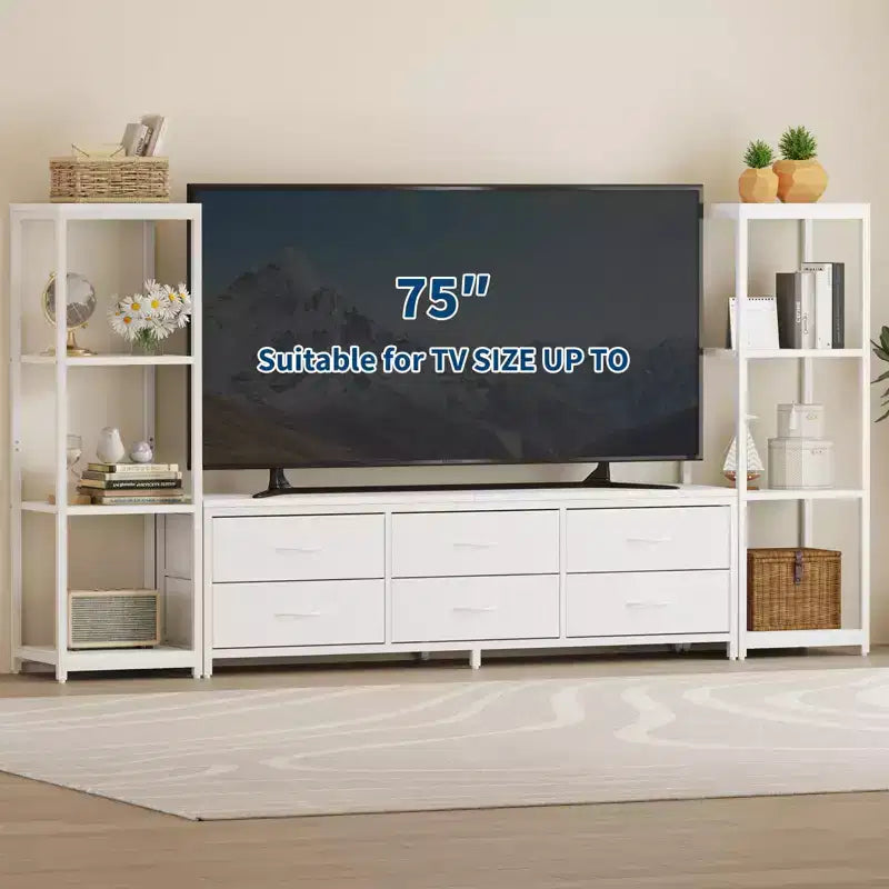 Porta TV moderno da 89" per TV da 75" con luci a LED, prese di corrente integrate, 6 cassetti e librerie modulari, nero