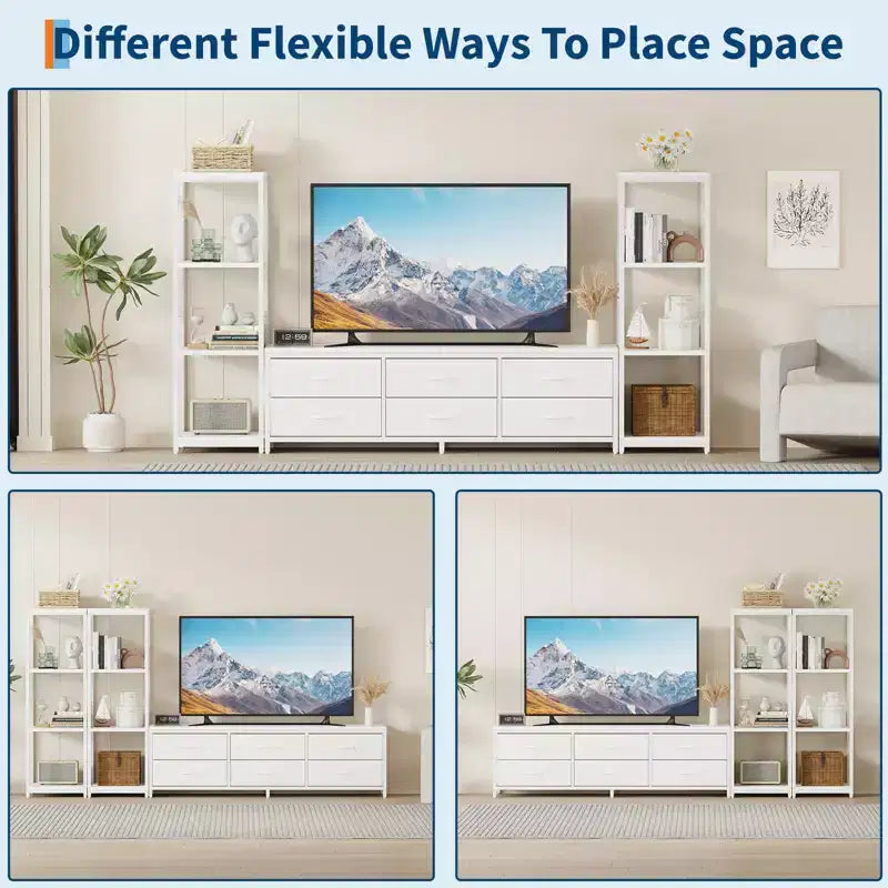Porta TV moderno da 89" per TV da 75" con luci a LED, prese di corrente integrate, 6 cassetti e librerie modulari, nero