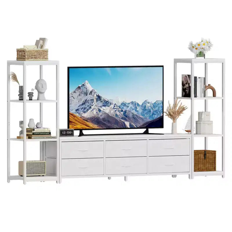 Porta TV moderno da 89" per TV da 75" con luci a LED, prese di corrente integrate, 6 cassetti e librerie modulari, nero