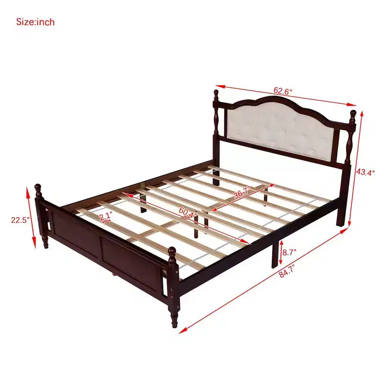Letto a piattaforma vintage queen size con testiera imbottita, pediera a pannelli e contenitore sotto il letto