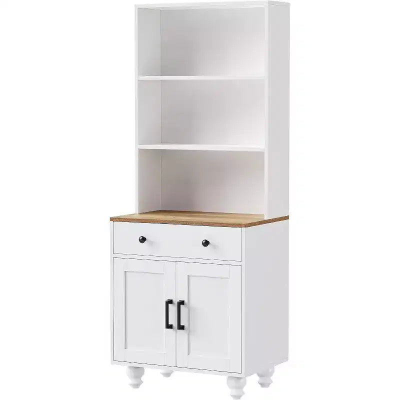 Mobile dispensa alto da cucina con piano di lavoro e cassetti, libreria a 5 livelli con ripiani regolabili e gambe a forma di zucca per ufficio domestico