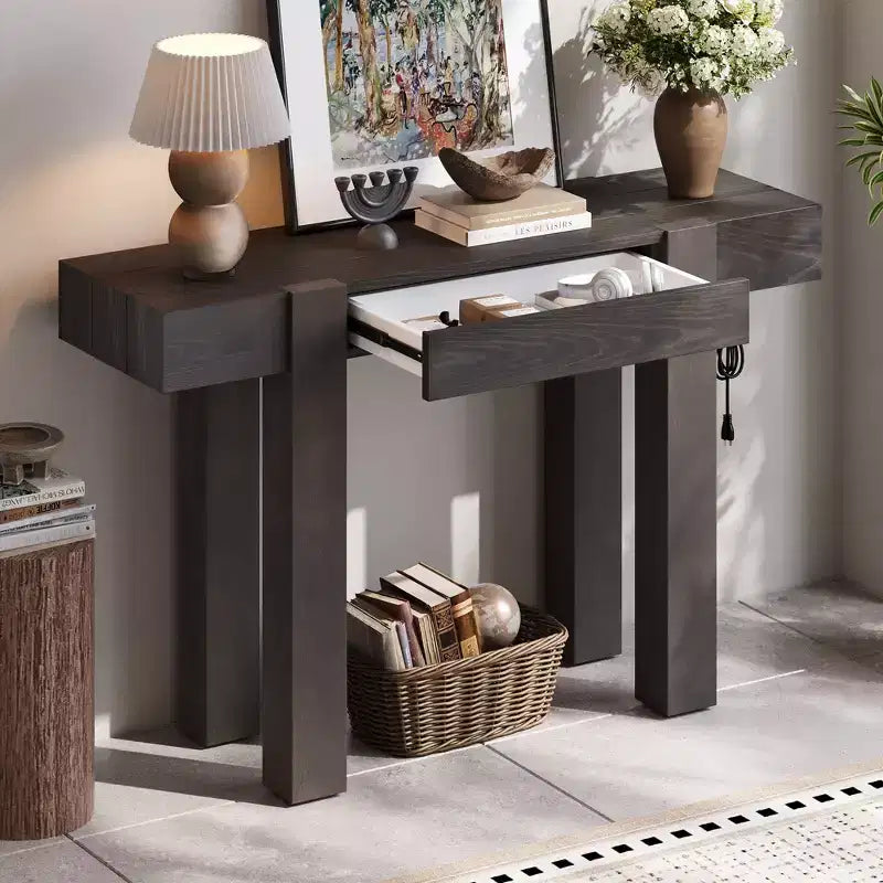 Tavolo Consolle Rustico Minimalista da 47,25" con Cassetto Nascosto e Presa di Corrente Integrata (2 USB + 2 Prese)