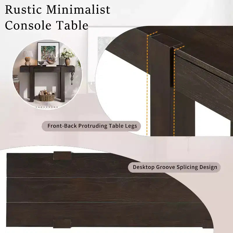 Tavolo Consolle Rustico Minimalista da 47,25" con Cassetto Nascosto e Presa di Corrente Integrata (2 USB + 2 Prese)
