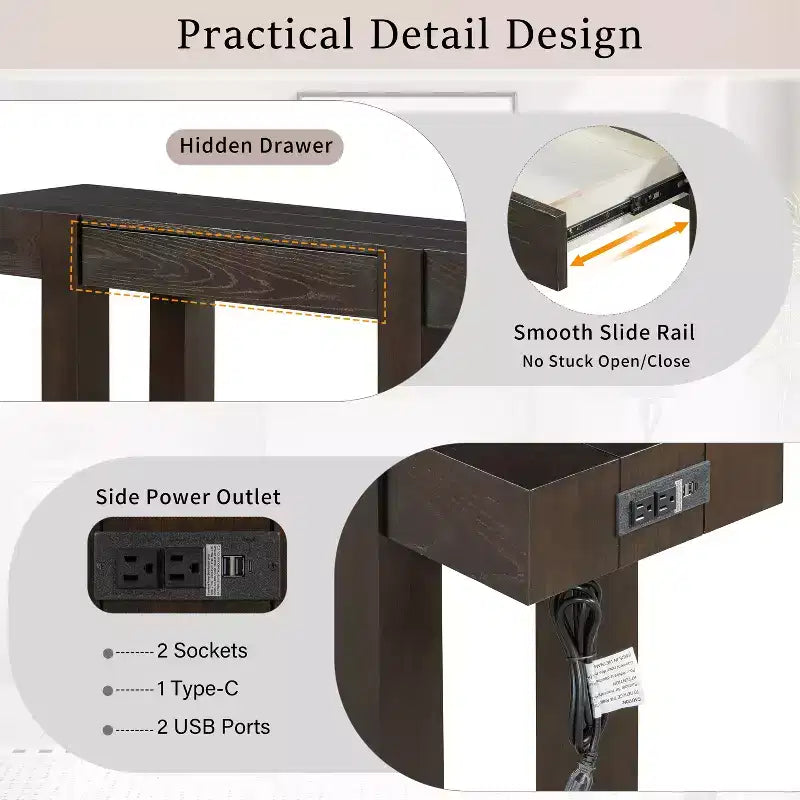 Tavolo Consolle Rustico Minimalista da 47,25" con Cassetto Nascosto e Presa di Corrente Integrata (2 USB + 2 Prese)