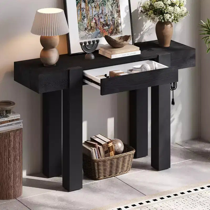 Tavolo Consolle Rustico Minimalista da 47,25" con Cassetto Nascosto e Presa di Corrente Integrata (2 USB + 2 Prese)