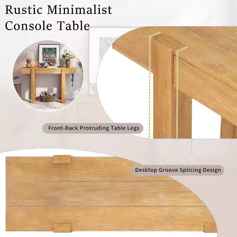 Tavolo Consolle Rustico Minimalista da 47,25" con Cassetto Nascosto e Presa di Corrente Integrata (2 USB + 2 Prese)