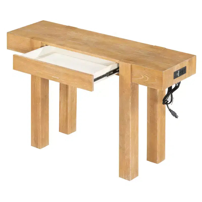 Tavolo Consolle Rustico Minimalista da 47,25" con Cassetto Nascosto e Presa di Corrente Integrata (2 USB + 2 Prese)
