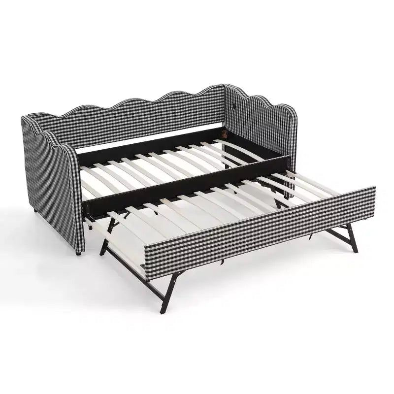 Divano Letto Singolo con Letto Estraibile, Testiera Ondulata e Porta USB Integrata, Rivestimento in Gingham