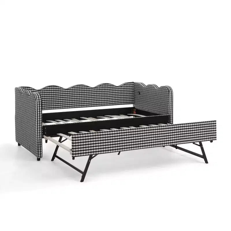 Divano Letto Singolo con Letto Estraibile, Testiera Ondulata e Porta USB Integrata, Rivestimento in Gingham