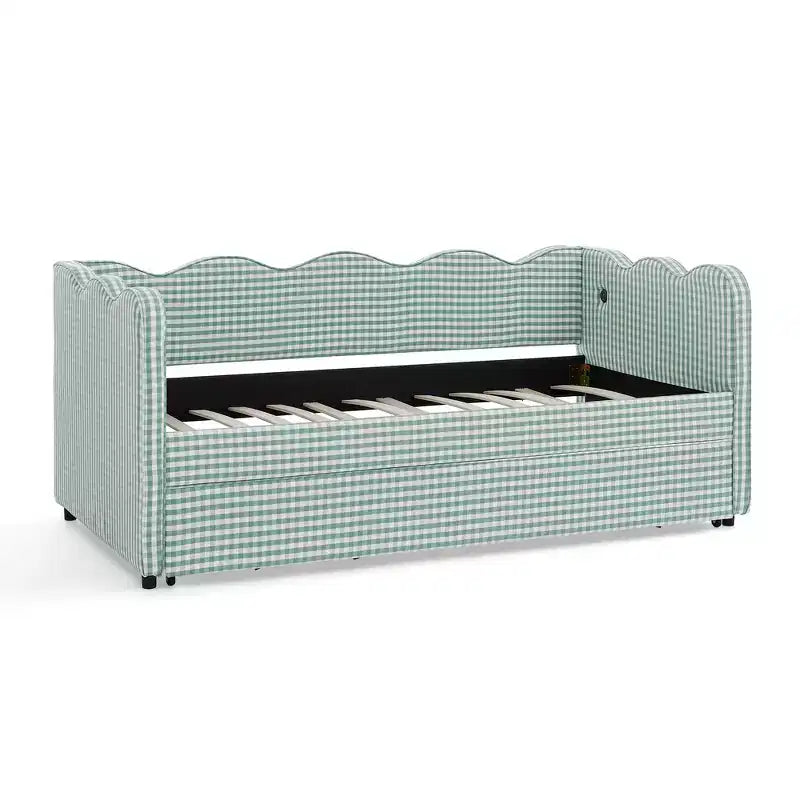 Divano Letto Singolo con Letto Estraibile, Testiera Ondulata e Porta USB Integrata, Rivestimento in Gingham