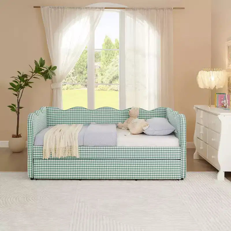 Divano Letto Singolo con Letto Estraibile, Testiera Ondulata e Porta USB Integrata, Rivestimento in Gingham