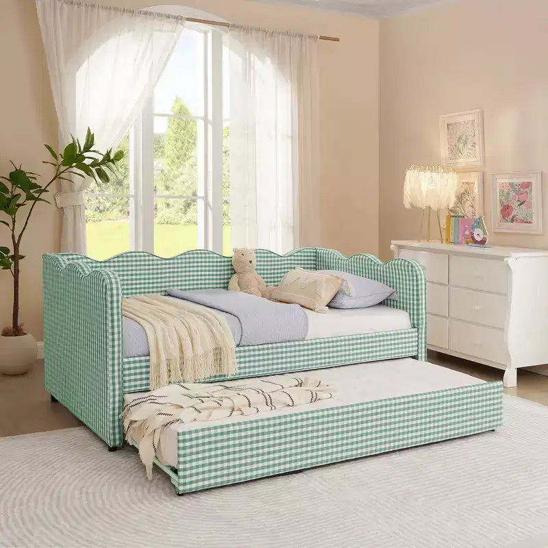 Divano Letto Singolo con Letto Estraibile, Testiera Ondulata e Porta USB Integrata, Rivestimento in Gingham